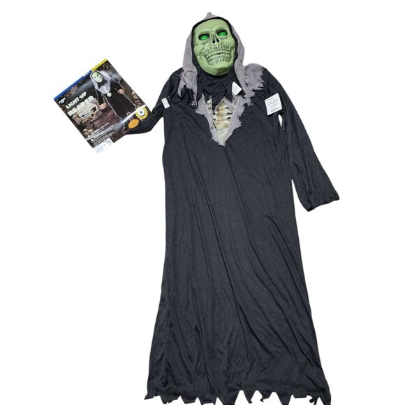 NEW‎ Light-Up Reaper Costume Glowing Mask & Hooded Robe For Boys Size L (10-12) - Picture 1 of 4